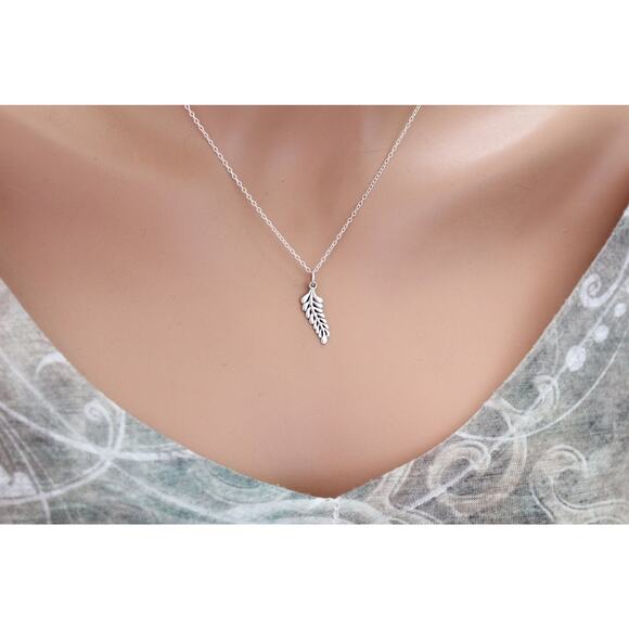 Sterling Silver Sprig Leaf Necklace, Sterling Silver Sprig Leaf Charm Necklace - Picture 2 of 5